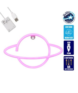 GloboStar® 78588 Φωτιστικό Ταμπέλα Φωτεινή Επιγραφή NEON LED Σήμανσης PLANET SATURN 5W με Καλώδιο Τροφοδοσίας USB - Μπαταρίας 3xAAA (Δεν Περιλαμβάνονται) - Ροζ